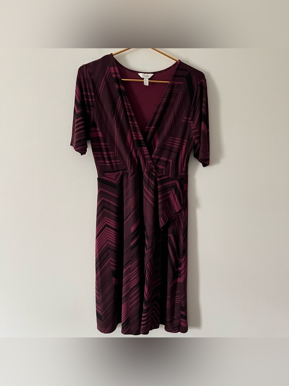 Soma Burgundy & Black Patterned 3/4 Sleeve Fixed Wrap Midi Dress Surplice Fall M